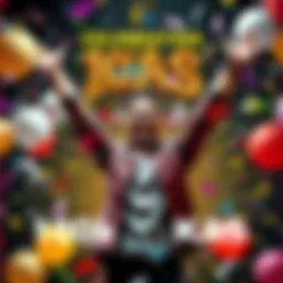 Celebrating 100k KAS Milestone A person joyfully celebrating the achievement of reaching 100,000 KAS with a big smile and raised arms, surrounded by confetti and balloons.