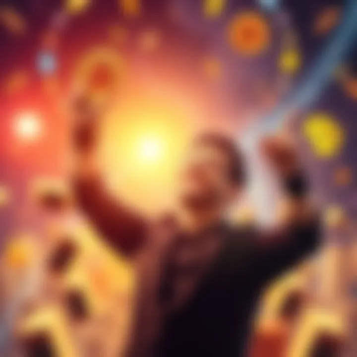 A person joyfully celebrating their achievement of accumulating 1 Bitcoin, surrounded by symbols of cryptocurrency and plans for future investments.