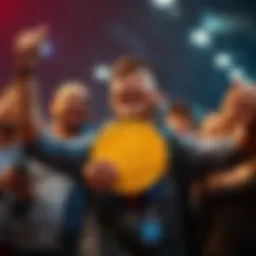 A community member joyfully holds a Bitcoin symbol, showing pride in achieving 1 Bitcoin ownership, surrounded by supportive friends.