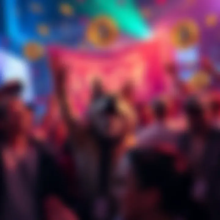Celebrating 300k DOGE A group of happy people celebrating with DOGE coins and banners at a community event