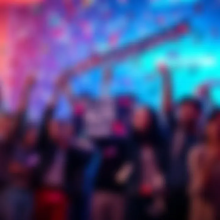 A group of people celebrating their achievement of reaching the 625 tier, smiling and holding banners. Confetti is falling around them, creating a festive atmosphere.