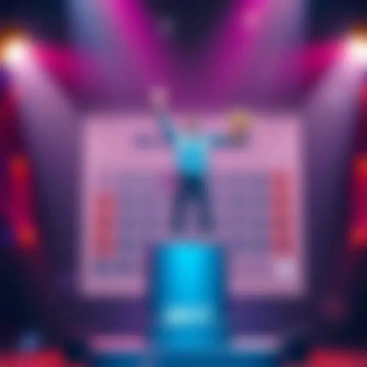 A person stands on a podium with a trophy, looking excited after completing a challenge. The background shows a calendar marking the end of the month.