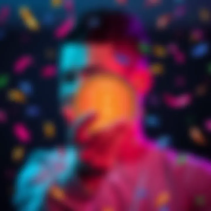 A person smiling while holding a Bitcoin symbol with confetti around them, showing joy and achievement.