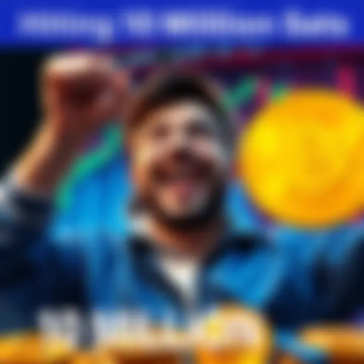 Celebrating Bitcoin Milestone A person celebrating achieving 10 million sats in Bitcoin, with a joyful expression and Bitcoin graphics in the background.