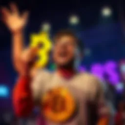 Individual joyfully celebrating with a Bitcoin symbol after achieving 0.5 BTC ownership