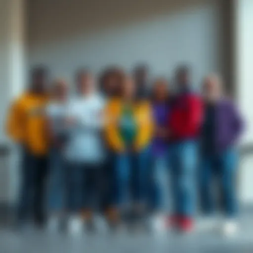 A group of diverse individuals standing together, smiling proudly, symbolizing the original members of the community. They wear distinctive clothing that represents their contributions and legacy.