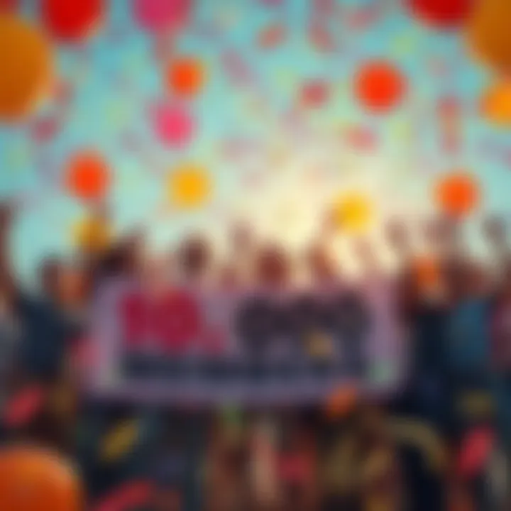 A vibrant celebration scene featuring a diverse group of people joyfully holding a banner that reads '10,000 Members'. Balloons and confetti fill the air.