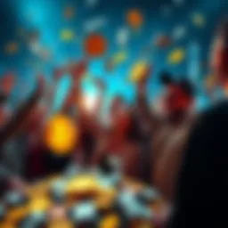 Celebrating cryptocurrency gains People celebrating with money and cryptocurrency symbols after successful investments