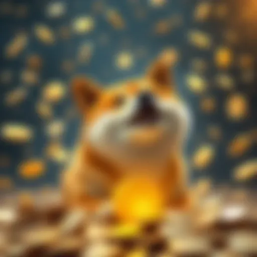 A joyful scene with Doge the Shiba Inu dog surrounded by coins, symbolizing the excitement of Doge's peak popularity in cryptocurrency.