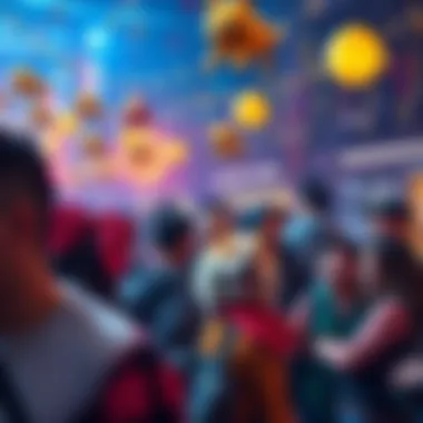 A lively gathering of Dogecoin fans celebrating with Doge-themed decorations and merchandise, showcasing their enthusiasm for Dogekind.