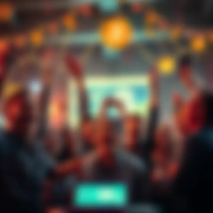 Group of friends excitedly celebrating with Dogecoin-themed decorations and a digital display showing the price nearing $8
