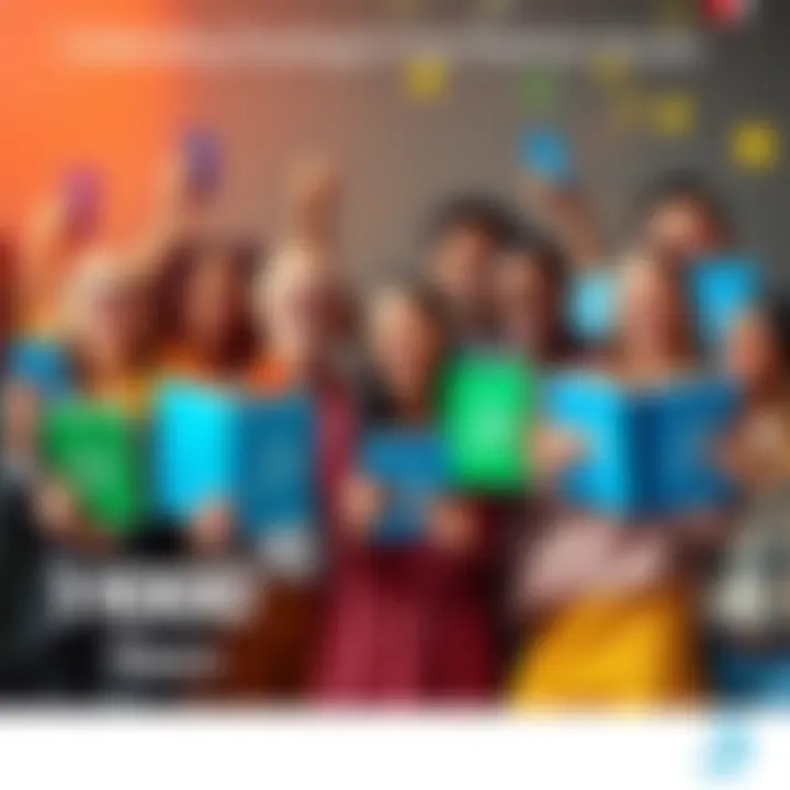 A group of diverse people joyfully holding language books and using smartphones with Duolingo's logo, symbolizing language learning excitement