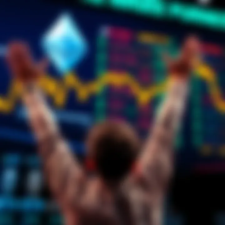 A happy person with arms raised in excitement looking at a digital screen showing rising Ethereum prices