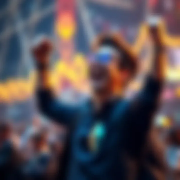 A person joyfully celebrating after selling Ethereum for a profit, showing excitement and relief.