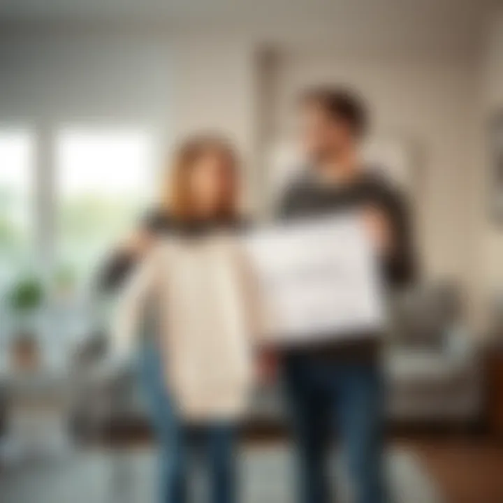 A cheerful 31-year-old couple stands in their living room, holding baby clothes and a large check symbolizing their financial milestone, smiling at each other with joy.