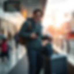 Celebrating Migration Journey Person standing with a suitcase, smiling in a new city