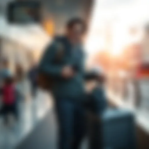 Celebrating Migration Journey Person standing with a suitcase, smiling in a new city