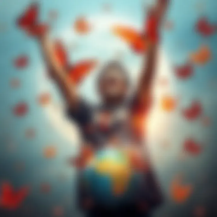 A person joyfully celebrating after completing their migration journey, surrounded by symbols of growth and change like butterflies and a globe.