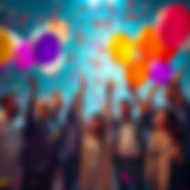 Celebrating Milestone Achievements A group of people celebrating with balloons and confetti, marking 400 achievements together in a festive atmosphere.