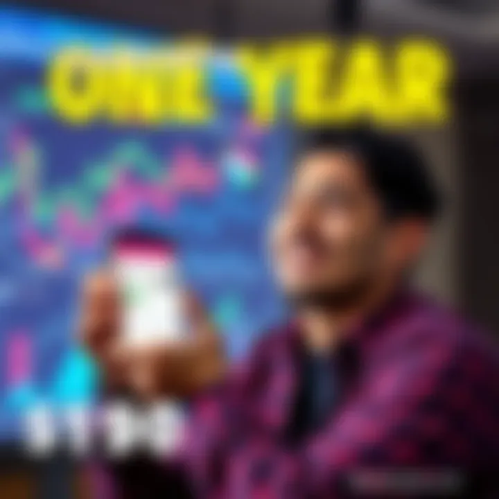 A person smiling while holding a smartphone displaying earnings from mobile apps, surrounded by charts and graphs symbolizing financial growth.