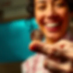 A close-up of a hand holding a shiny penny, symbolizing a small achievement, with a joyful expression in the background