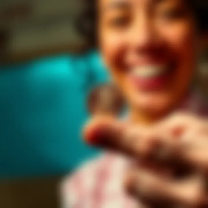 A close-up of a hand holding a shiny penny, symbolizing a small achievement, with a joyful expression in the background
