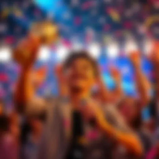 A person holding a trophy with a big smile, surrounded by confetti and friends cheering.