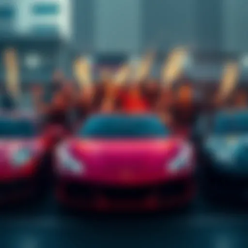 A group of car enthusiasts celebrating in front of luxury cars, showcasing community milestones and giveaways for $POWSCHE.