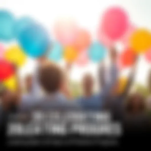 A group of people happily celebrating achievements with balloons and banners in a bright outdoor setting.