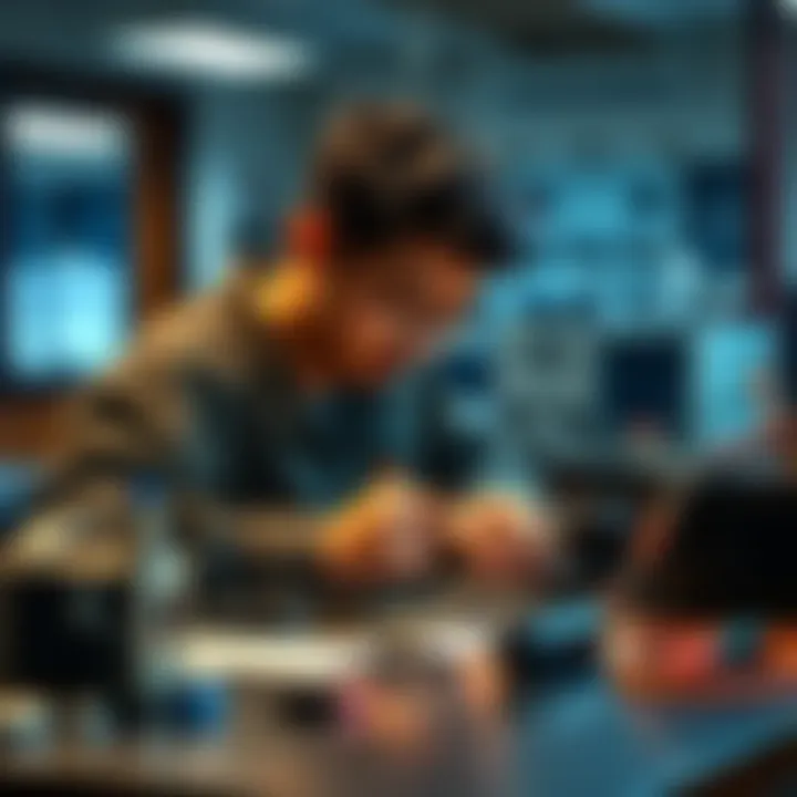 Celebrating Soldering Skills A skilled solderer demonstrating surface mount soldering techniques at a workstation with tools and components.