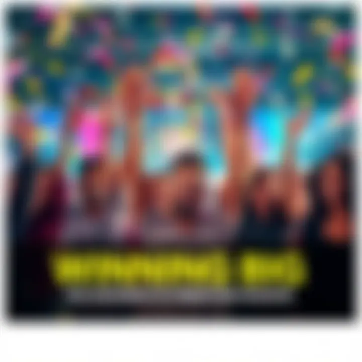 A group of joyful people celebrating their success with arms raised, confetti falling around them, and smiles on their faces.