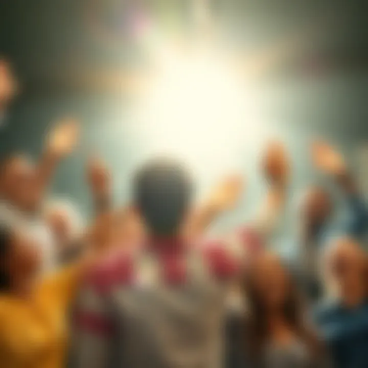 A group of diverse people celebrating their achievements with smiles and raised arms in a bright, cheerful setting.