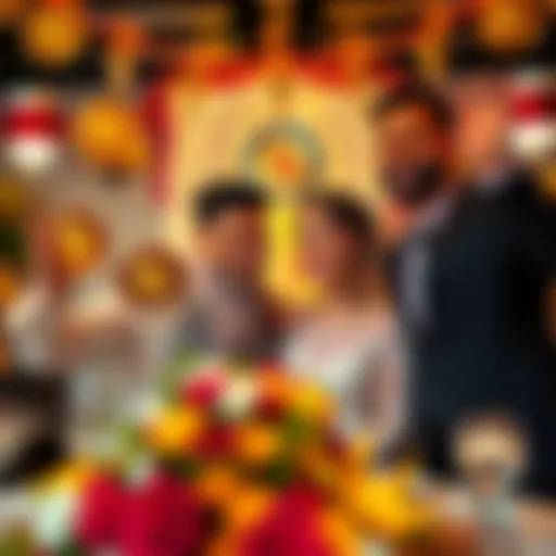 A happy family celebrating a wedding with Bitcoin-themed decorations, symbolizing a prosperous investment journey.