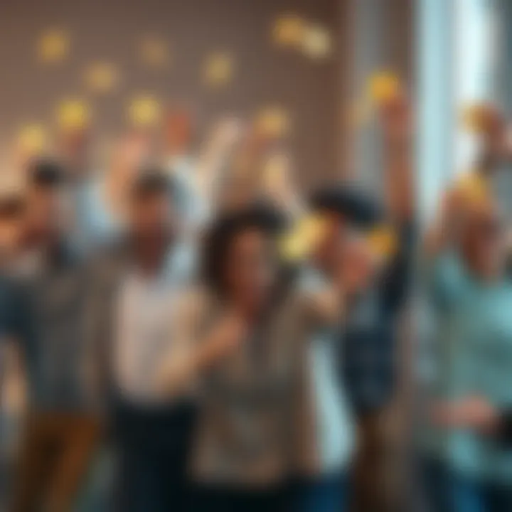 A group of diverse people joyfully celebrating together, holding tokens and showing excitement over their rewards from a recent migration process.