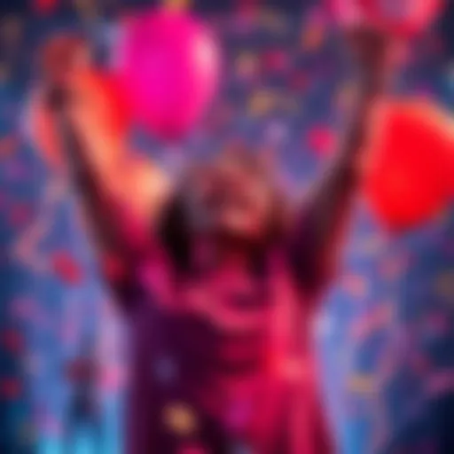 A person joyfully celebrating their achievement of earning 200 bonus rewards, surrounded by confetti and balloons.
