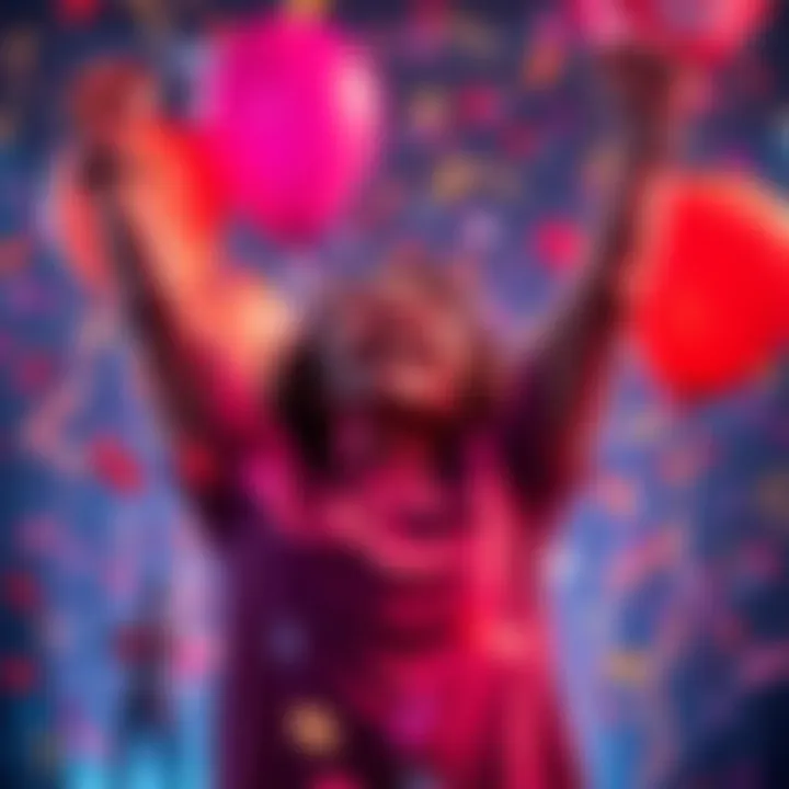 Celebration of Achieving 200 Rewards A person joyfully celebrating their achievement of earning 200 bonus rewards, surrounded by confetti and balloons.
