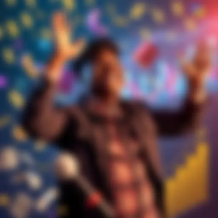 A person joyfully celebrating reaching a financial milestone, surrounded by money symbols and graphs showing growth.