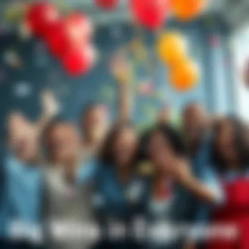 A diverse group of people celebrating together with confetti and balloons, showing joy and excitement for recent positive announcements.