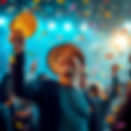 A person joyfully holding a Bitcoin symbol, surrounded by confetti and a celebratory atmosphere, reflecting the achievement of owning one full Bitcoin after years of saving.