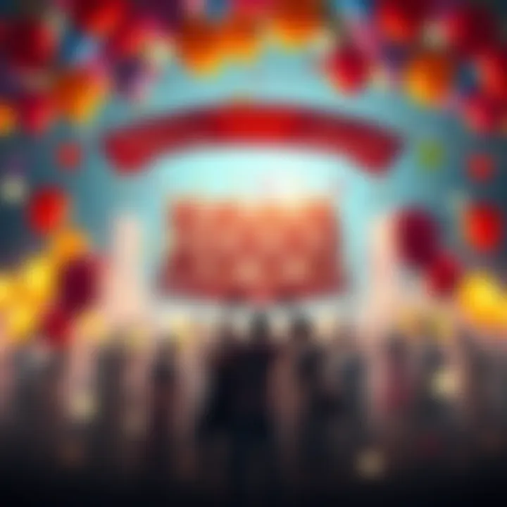 A festive scene showing people celebrating a milestone with balloons and banners that say '1000 Lands Achieved'.