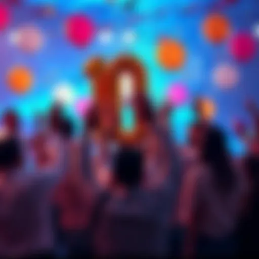 A group of people celebrating a 10,000 milestone with joy, holding balloons and confetti in a festive atmosphere