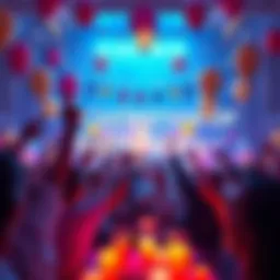 A vibrant celebration scene with people enjoying and cheering for the eight-year anniversary, balloons, and decorations in the background.