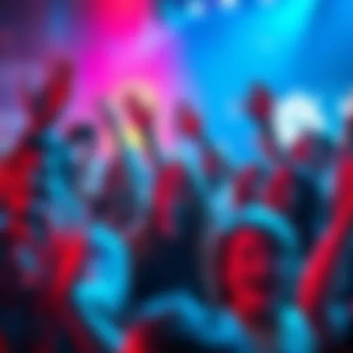 A diverse group of excited people cheering and enjoying themselves at a lively event, filled with energy and anticipation.
