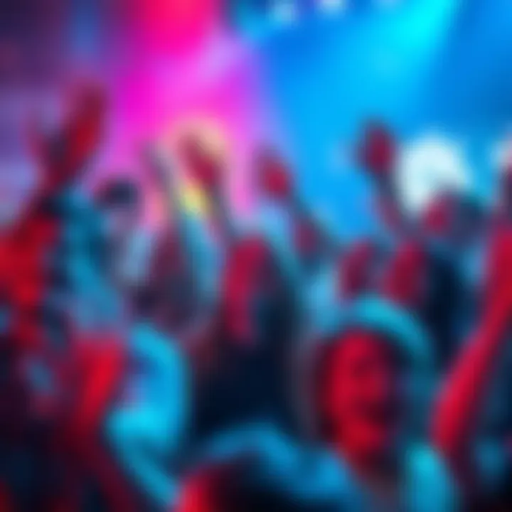 A diverse group of excited people cheering and enjoying themselves at a lively event, filled with energy and anticipation.