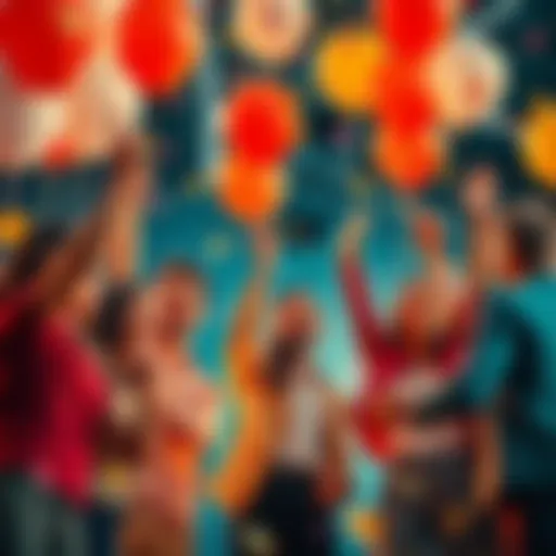 A group of people celebrating with balloons and confetti after earning their first dollar, symbolizing hope for future success.