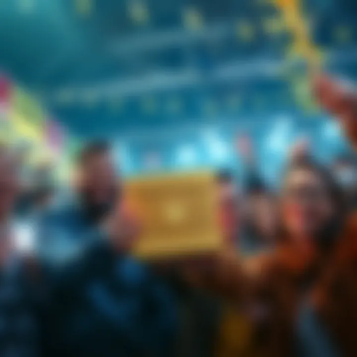 People happily showing their gold crate reward, smiling and celebrating together