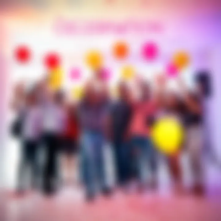 A group of people celebrating a significant milestone with balloons and confetti in a bright room