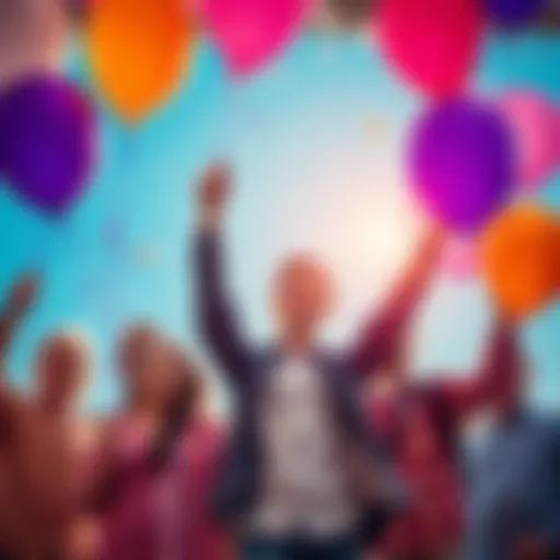 A person celebrating their migration achievement with friends and family, holding balloons and smiling