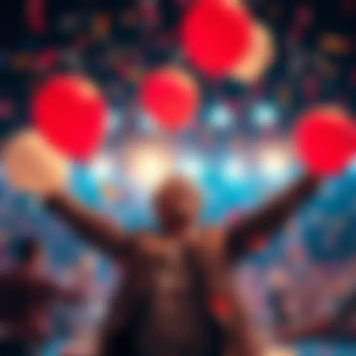 A person joyfully celebrating a milestone with balloons and confetti.