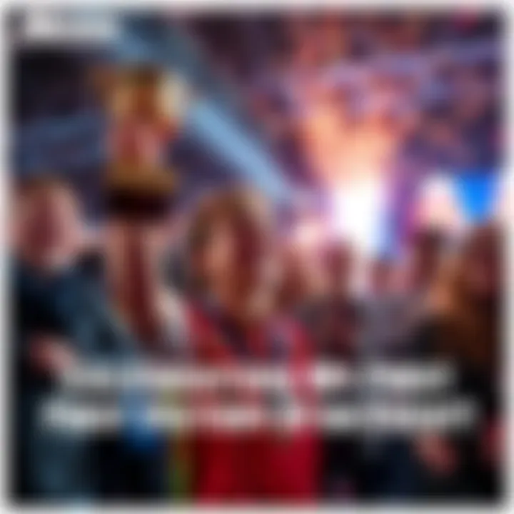 A person holding a trophy with a big smile, surrounded by friends cheering and clapping.